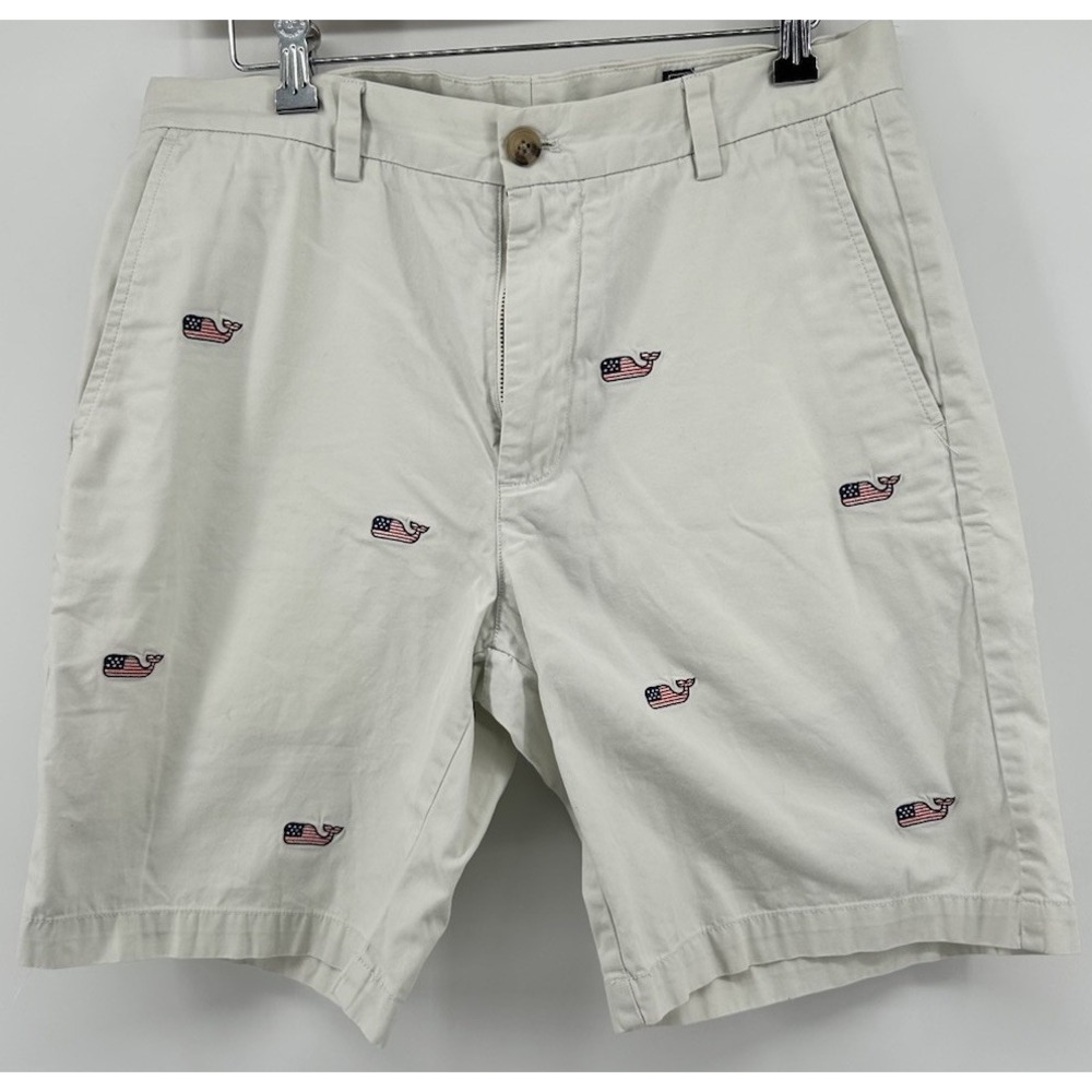 Vineyardโ Vines Breaker Shorts Embroidered US Flag Whale Logo Cream Men's 32